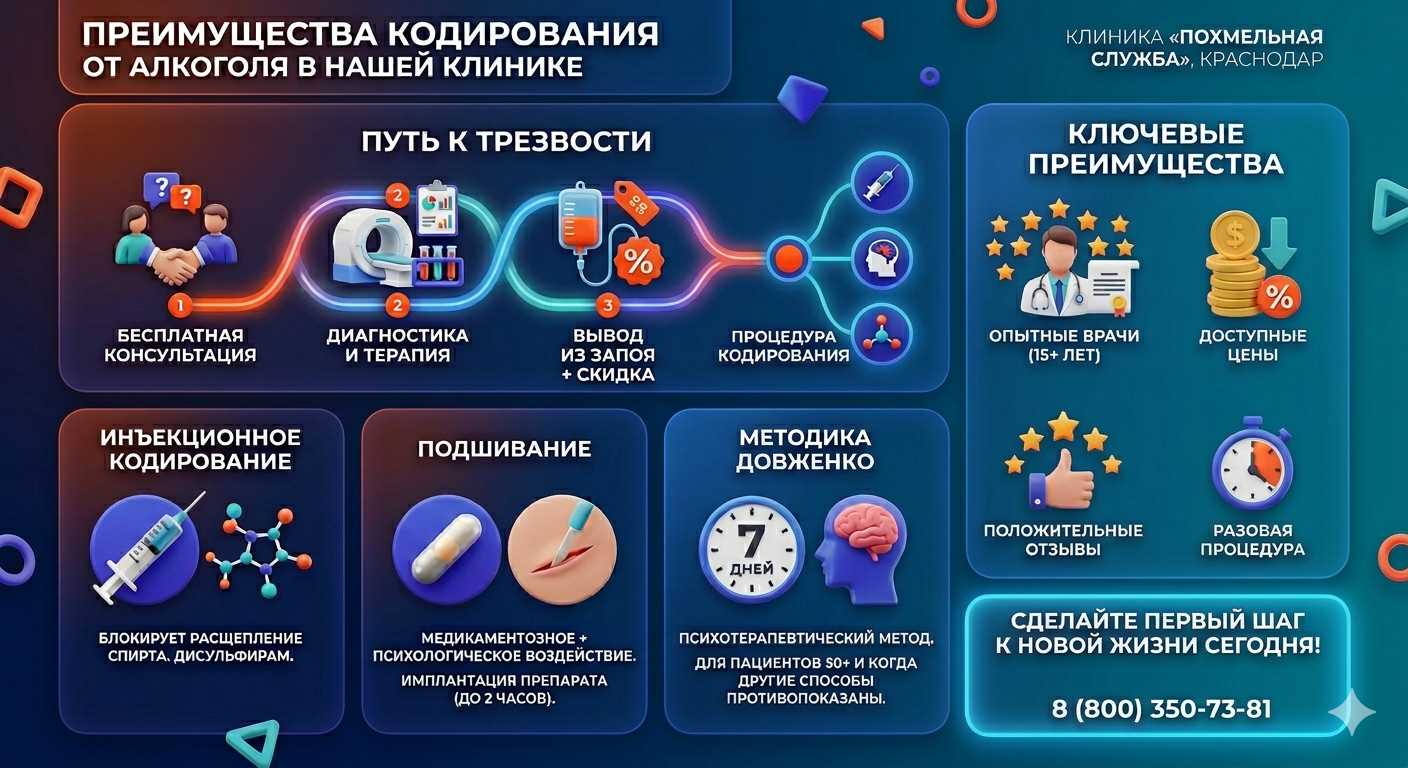 Инфографика о методах кодирования от алкоголя в Александровском Заводе: инъекции, подшивание, метод Довженко. Преимущества клиники и этапы лечения.
