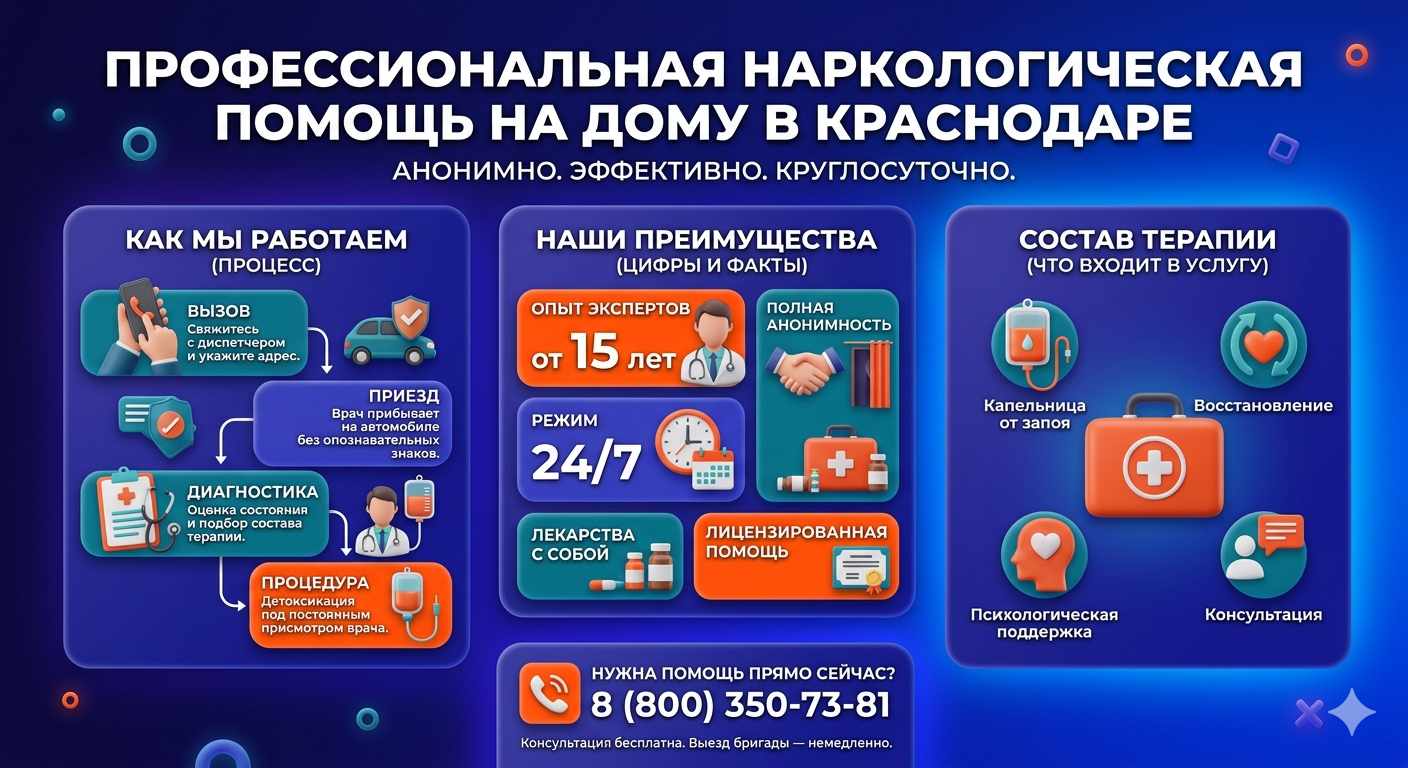 Инфографика о принципах лечения алкоголизма на дому в Александровском Заводе: этапы вызова нарколога, преимущества анонимной детоксикации и состав медицинской помощи.